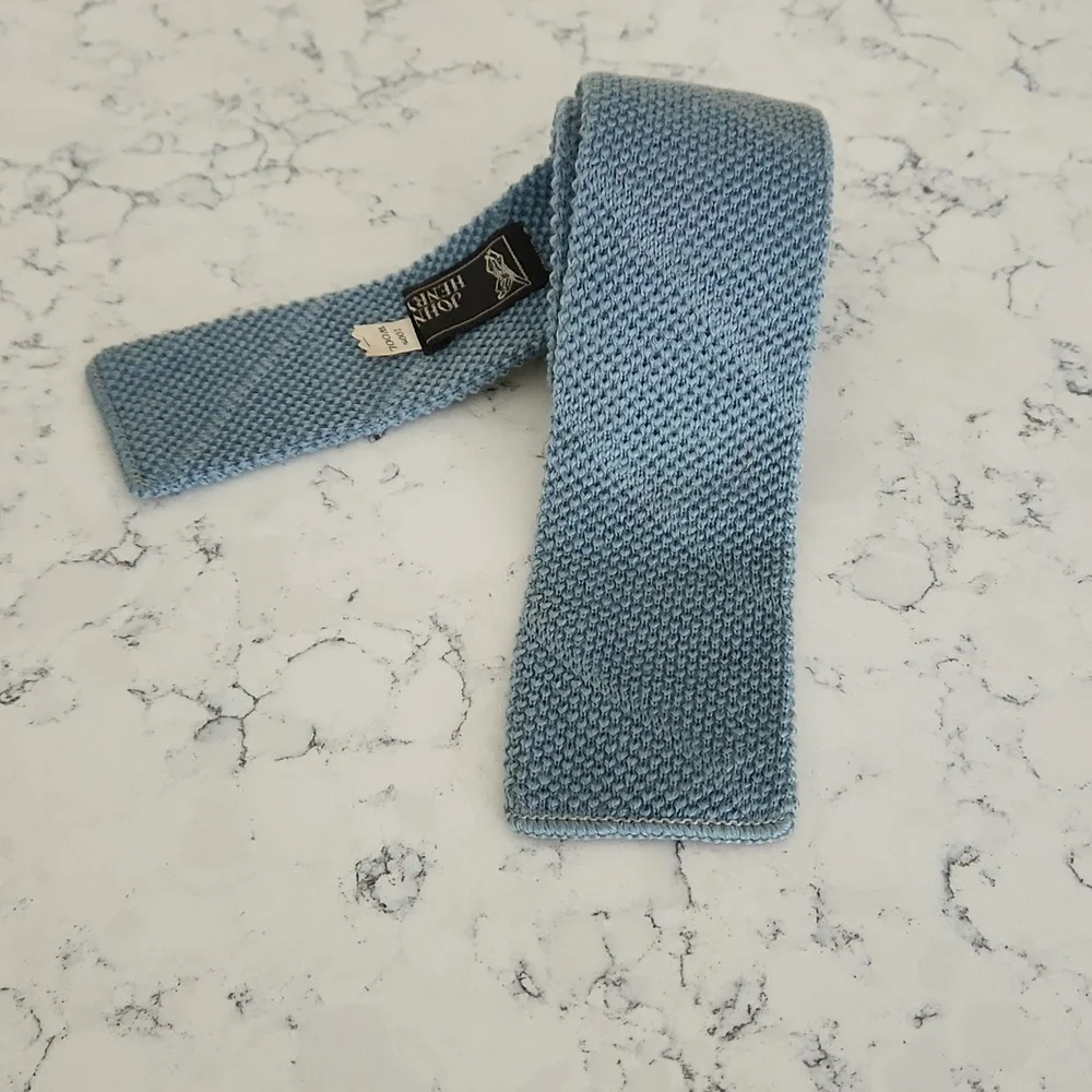 Vintage Knit Wool Tie Dusty Steel Blue Square Mad Men Ivy League Academia Retro